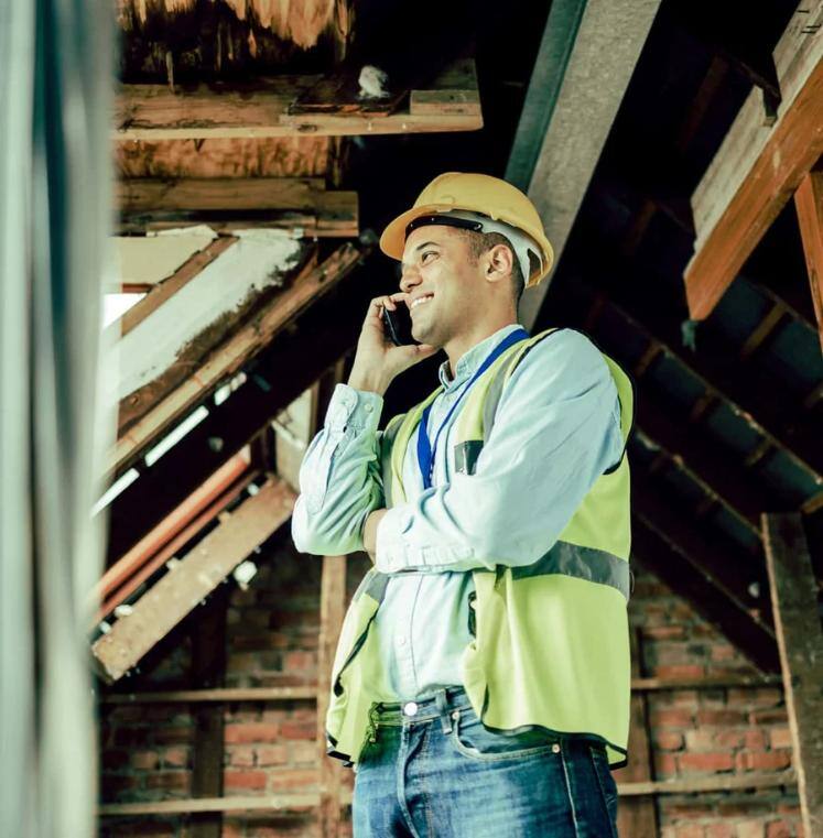 A construction worker smiles while talking on a cell phone