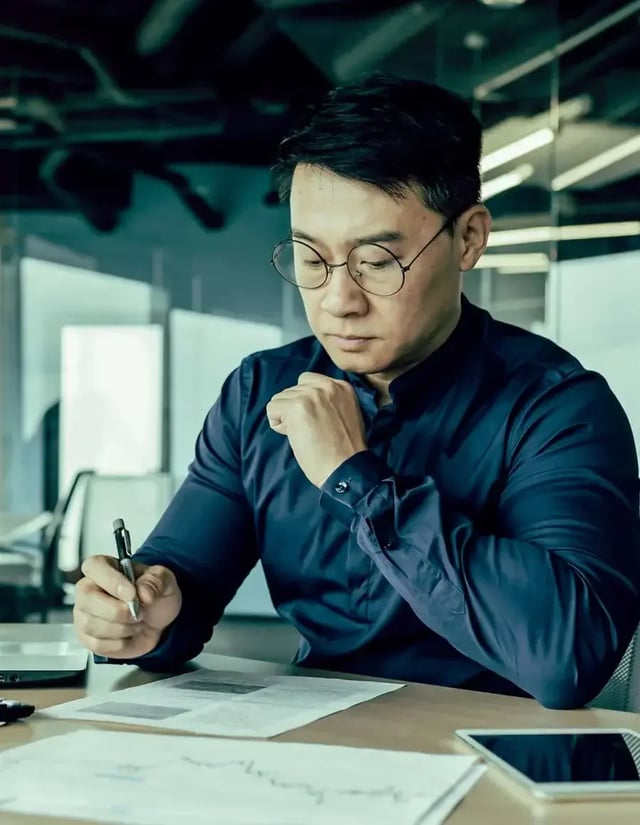 A man in glasses reviews papers on a desk in an office.